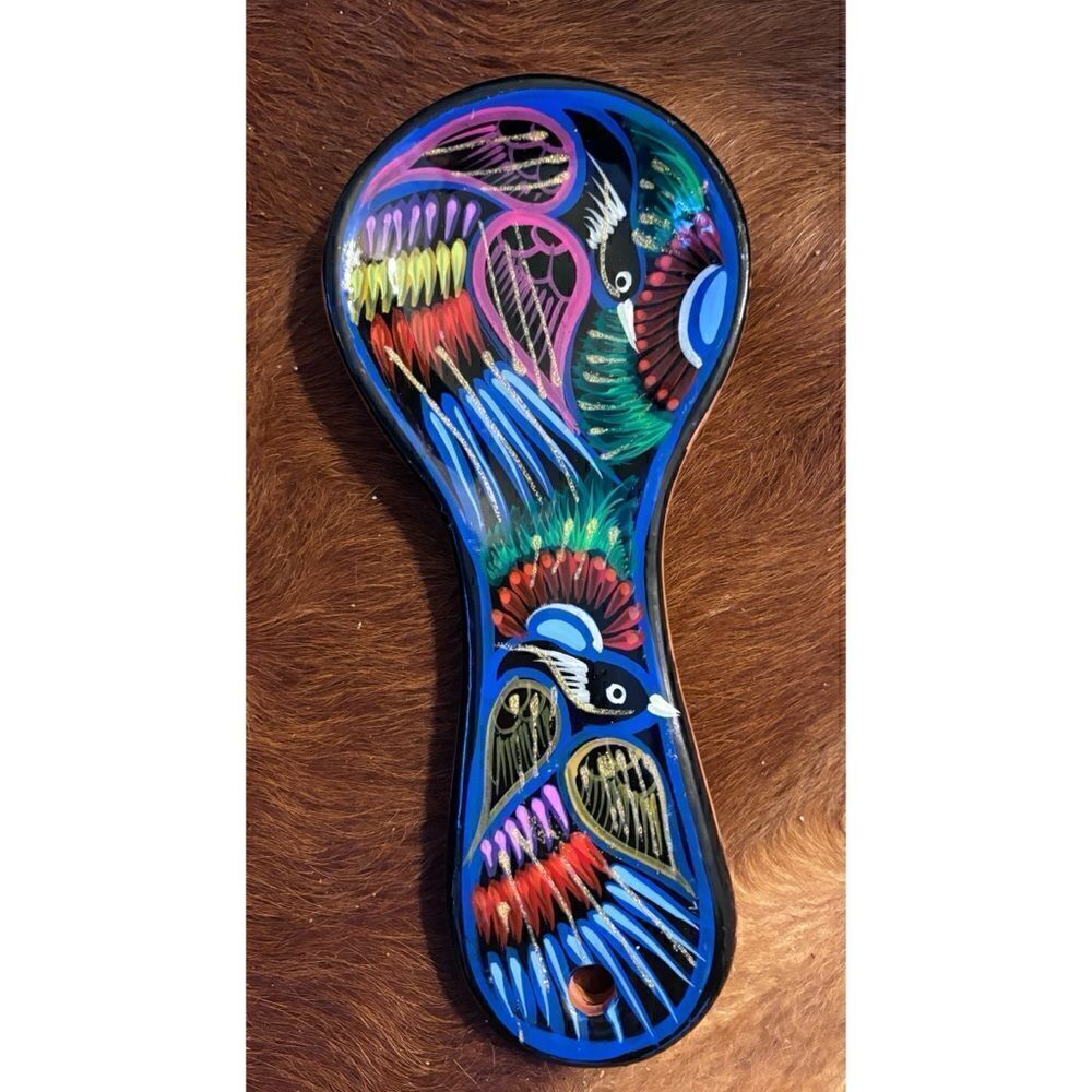Hand painted, glazed  colorful bird motif Clay spoon rest from Spain